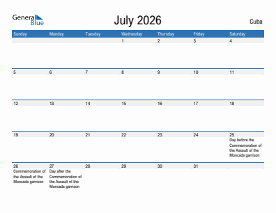 Current month calendar with Cuba holidays for July 2026