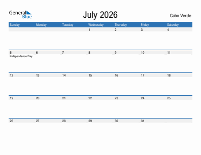 Current month calendar with Cabo Verde holidays for July 2026