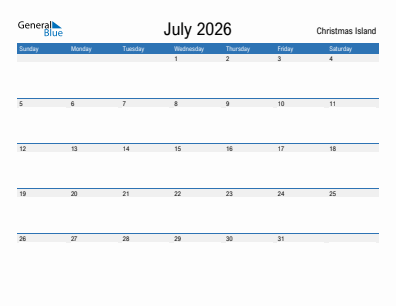Current month calendar with Christmas Island holidays for July 2026
