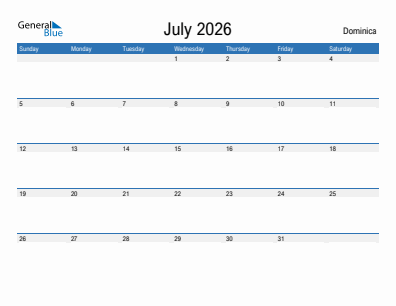 Current month calendar with Dominica holidays for July 2026