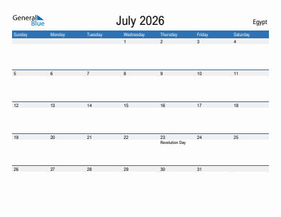Current month calendar with Egypt holidays for July 2026