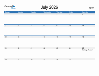 Current month calendar with Spain holidays for July 2026