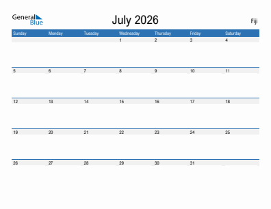 Current month calendar with Fiji holidays for July 2026