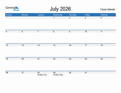 Current month calendar with Faroe Islands holidays for July 2026
