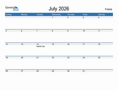 Current month calendar with France holidays for July 2026