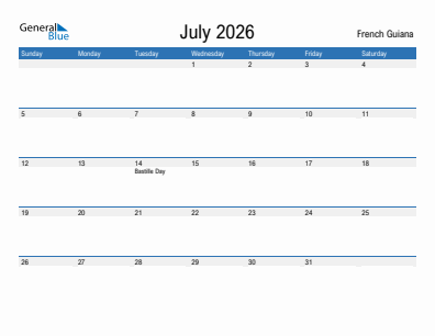 Current month calendar with French Guiana holidays for July 2026