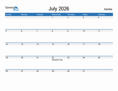 Current month calendar with Gambia holidays for July 2026