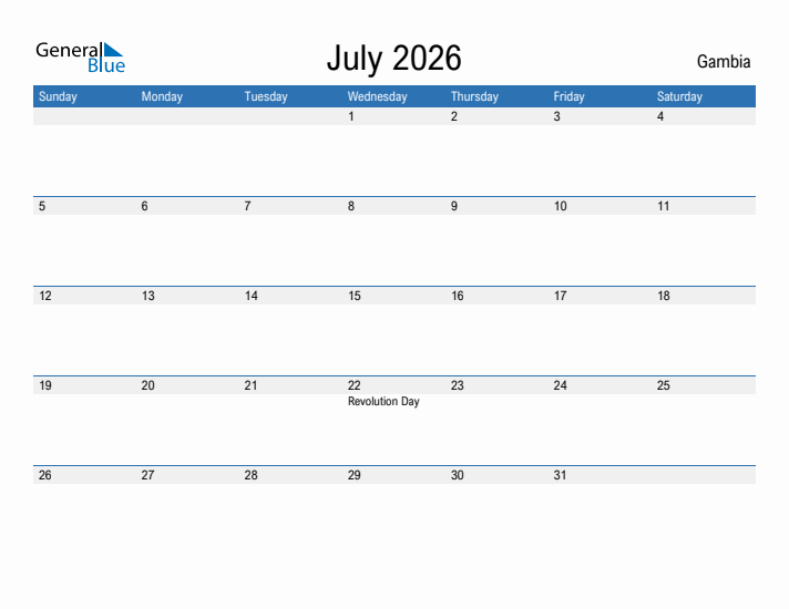 Fillable July 2026 Calendar