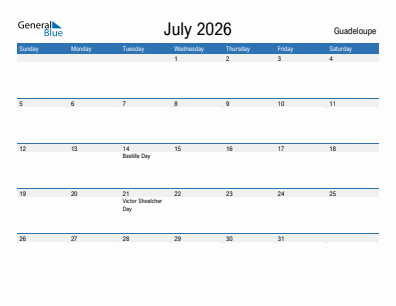 Current month calendar with Guadeloupe holidays for July 2026