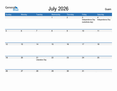 Current month calendar with Guam holidays for July 2026