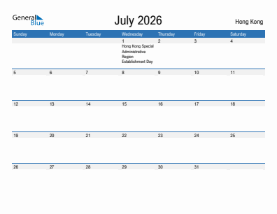 Current month calendar with Hong Kong holidays for July 2026