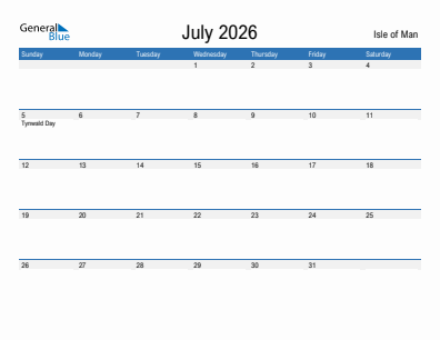 Current month calendar with Isle of Man holidays for July 2026