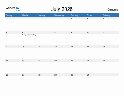 Current month calendar with Comoros holidays for July 2026