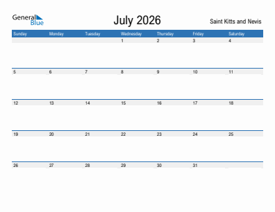 Current month calendar with Saint Kitts and Nevis holidays for July 2026