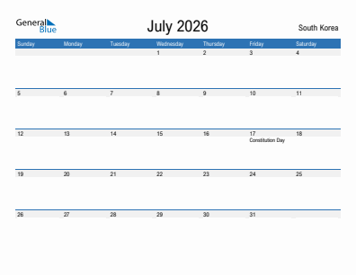 Current month calendar with South Korea holidays for July 2026