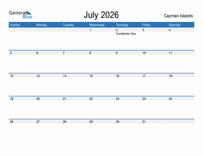 Current month calendar with Cayman Islands holidays for July 2026
