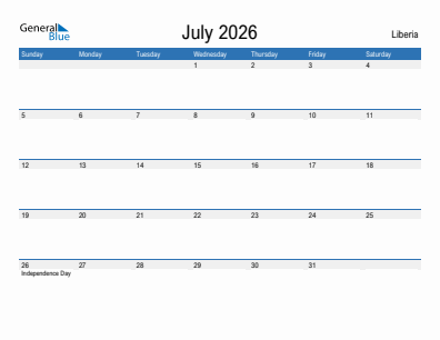 Current month calendar with Liberia holidays for July 2026