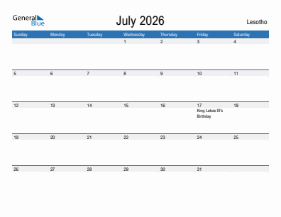 Current month calendar with Lesotho holidays for July 2026