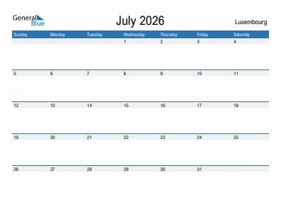 Current month calendar with Luxembourg holidays for July 2026