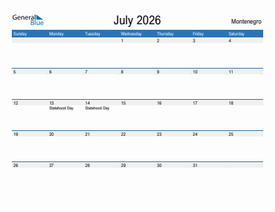 Current month calendar with Montenegro holidays for July 2026