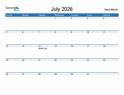 Current month calendar with Saint Martin holidays for July 2026