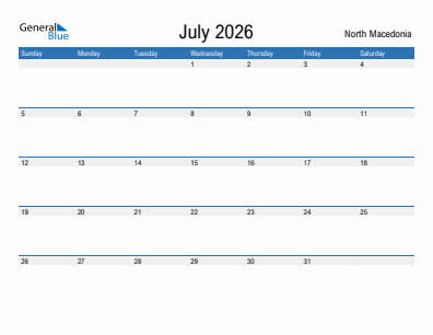 Current month calendar with North Macedonia holidays for July 2026