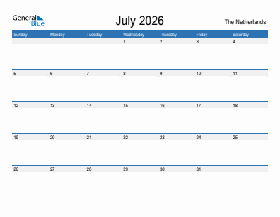 Current month calendar with The Netherlands holidays for July 2026