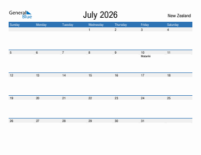 Current month calendar with New Zealand holidays for July 2026