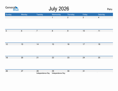 Current month calendar with Peru holidays for July 2026