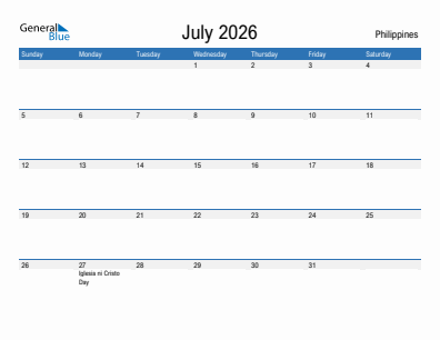 Current month calendar with Philippines holidays for July 2026