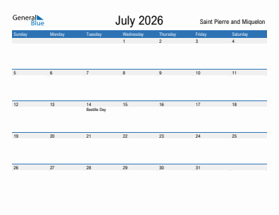 Current month calendar with Saint Pierre and Miquelon holidays for July 2026