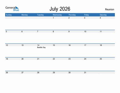 Current month calendar with Reunion holidays for July 2026