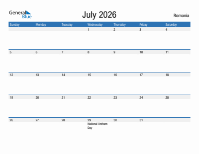 Current month calendar with Romania holidays for July 2026