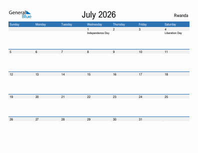 Current month calendar with Rwanda holidays for July 2026