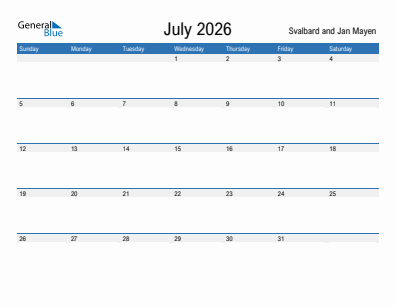 Current month calendar with Svalbard and Jan Mayen holidays for July 2026