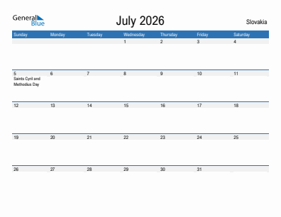 Current month calendar with Slovakia holidays for July 2026