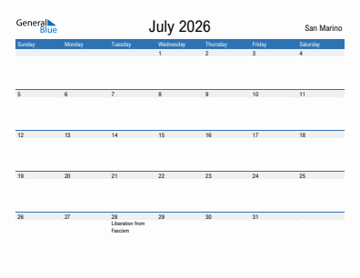 Current month calendar with San Marino holidays for July 2026