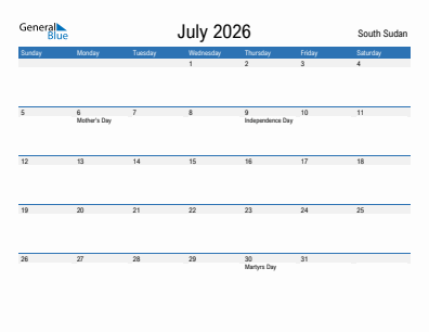 Current month calendar with South Sudan holidays for July 2026