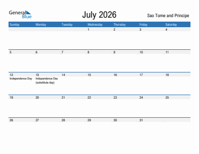 Current month calendar with Sao Tome and Principe holidays for July 2026
