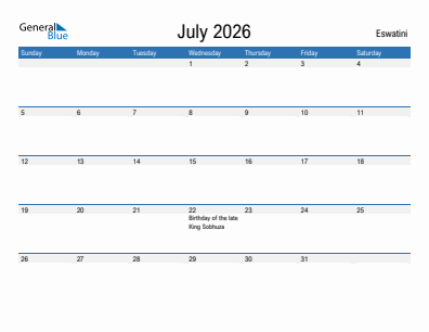 Current month calendar with Eswatini holidays for July 2026