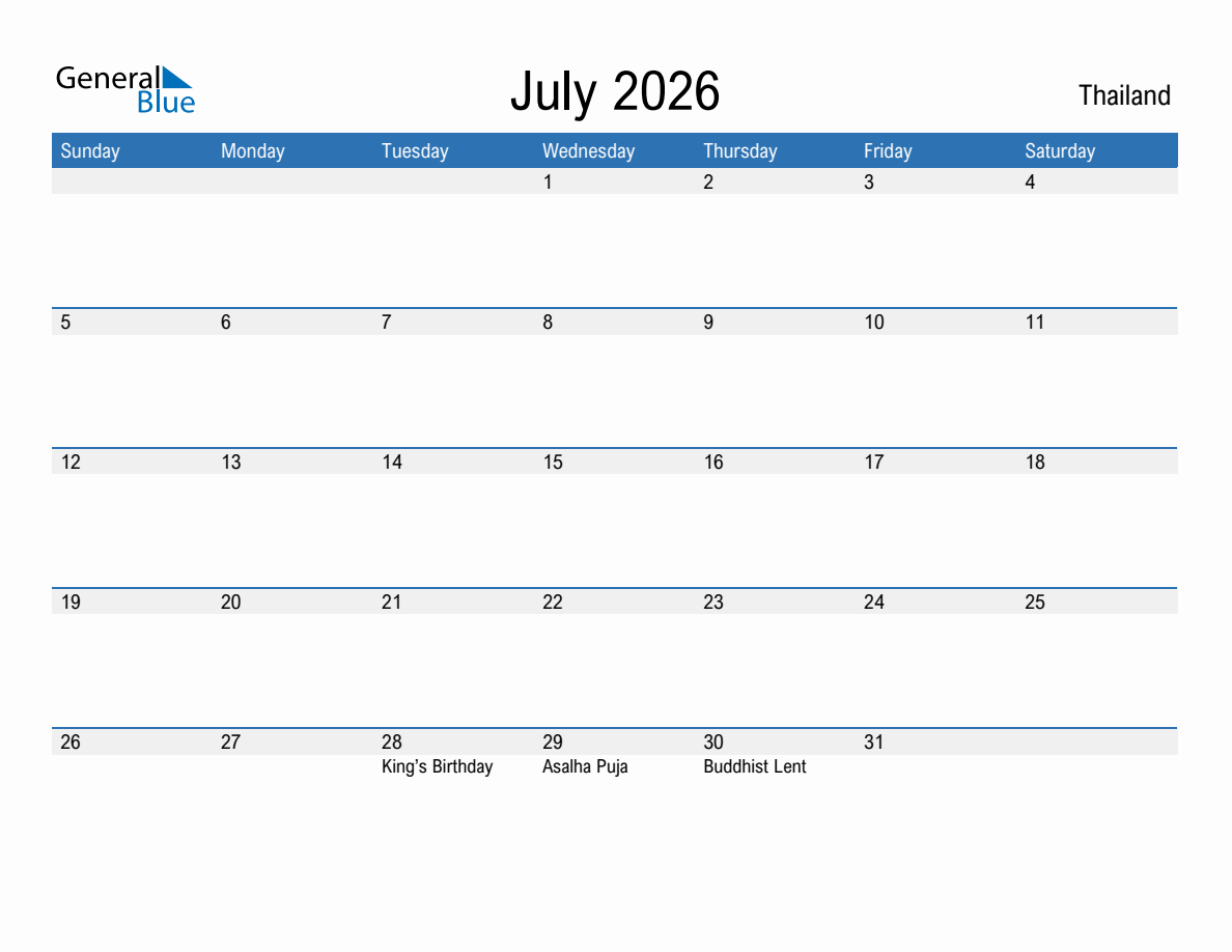 July Calander Rows Editable July 2026 Calendar with Thailand Holidays
