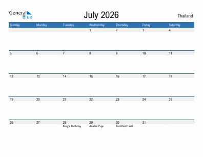 Current month calendar with Thailand holidays for July 2026