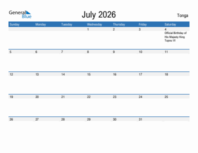 Current month calendar with Tonga holidays for July 2026