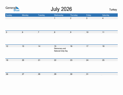 Current month calendar with Turkey holidays for July 2026