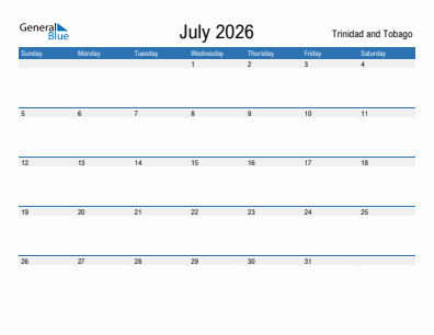 Current month calendar with Trinidad and Tobago holidays for July 2026