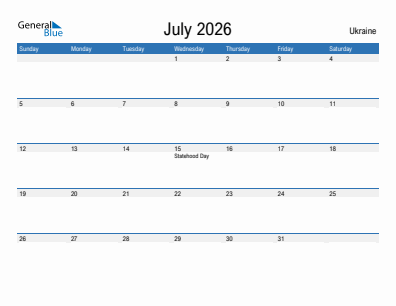 Current month calendar with Ukraine holidays for July 2026