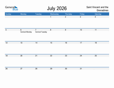 Current month calendar with Saint Vincent and the Grenadines holidays for July 2026