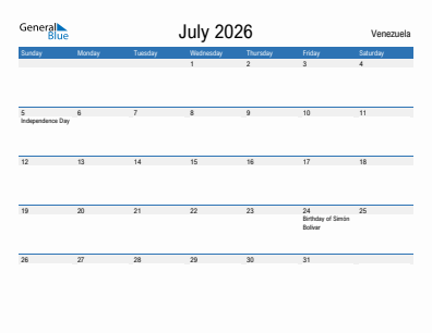 Current month calendar with Venezuela holidays for July 2026