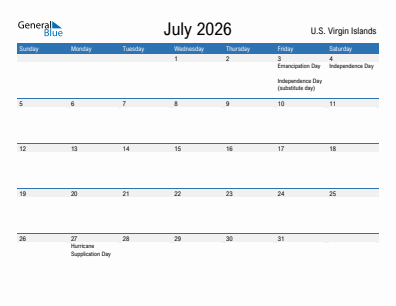 Current month calendar with U.S. Virgin Islands holidays for July 2026