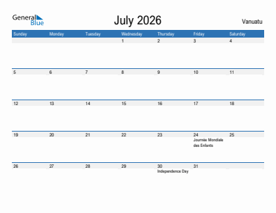Current month calendar with Vanuatu holidays for July 2026